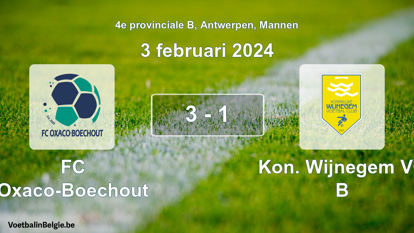 Gespeelde wedstrijd mannenvoetbal: FC Oxaco-Boechout - Kon. Wijnegem VC B 3 - 1 (3 februari 2024)