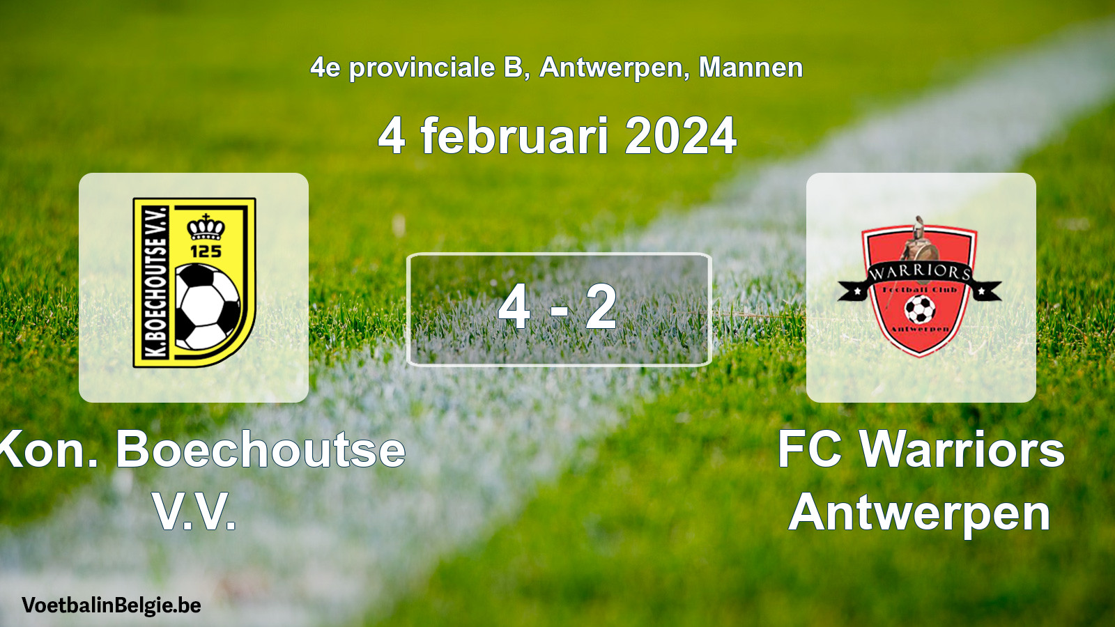 Gespeelde wedstrijd mannenvoetbal: Kon. Boechoutse V.V. - FC Warriors Antwerpen 4 - 2 (4 februari 2024)