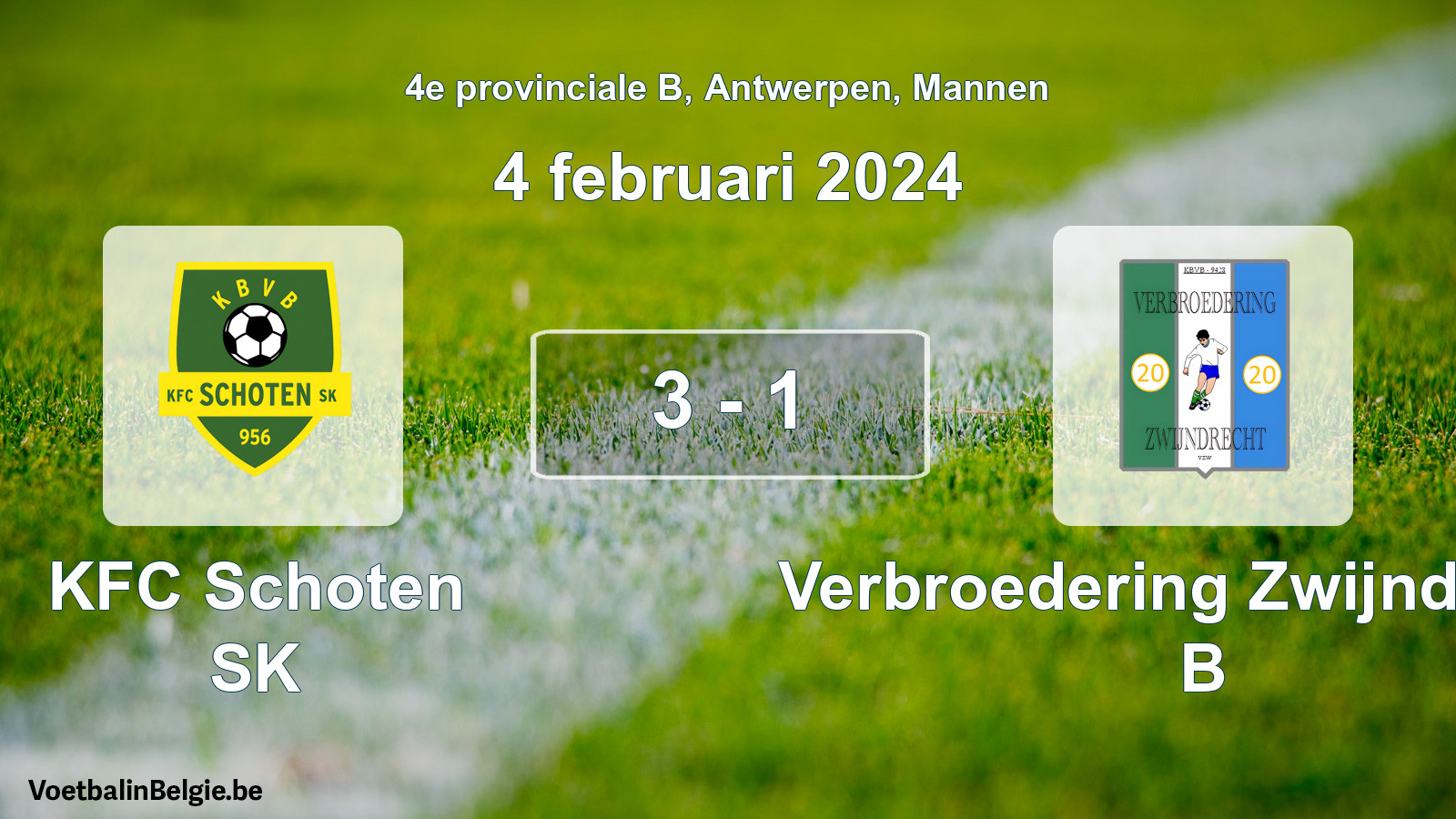 Gespeelde wedstrijd mannenvoetbal: KFC Schoten SK - Verbroedering Zwijndrecht B 3 - 1 (4 februari 2024)