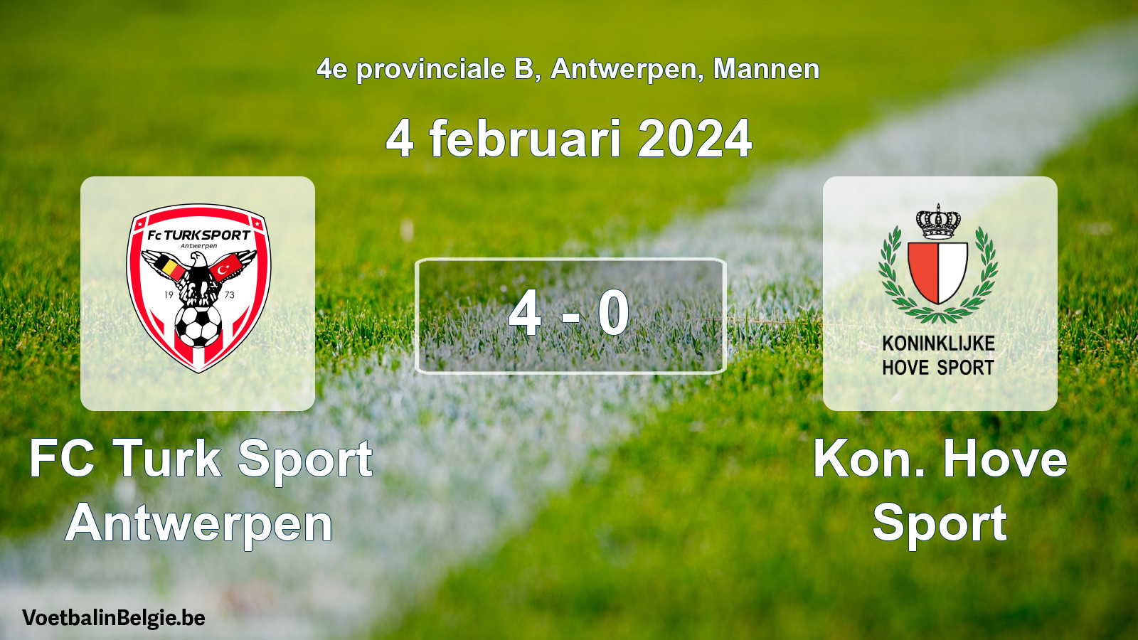Gespeelde wedstrijd mannenvoetbal: FC Turk Sport Antwerpen - Kon. Hove Sport 4 - 0 (4 februari 2024)