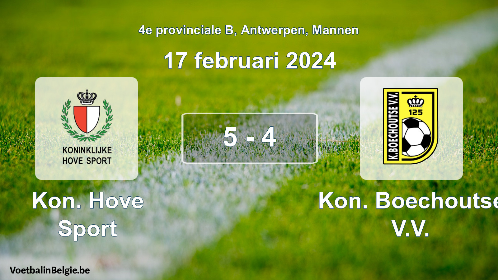 Gespeelde wedstrijd mannenvoetbal: Kon. Hove Sport - Kon. Boechoutse V.V. 5 - 4 (17 februari 2024)