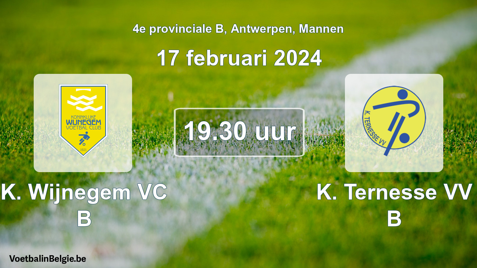 Match prévu football hommes: K. Wijnegem VC B - K. Ternesse VV B (17 février 2024)