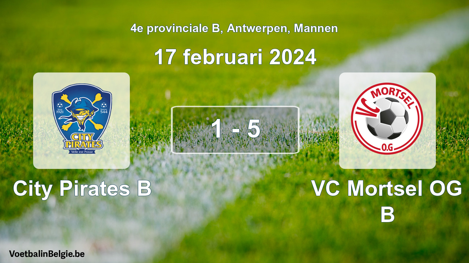 Gespeelde wedstrijd mannenvoetbal: City Pirates B - VC Mortsel OG B 1 - 5 (17 februari 2024)