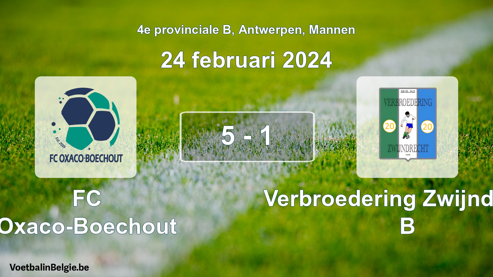 Played match men football: FC Oxaco-Boechout - Verbroedering Zwijndrecht B 5 - 1 (24 February 2024)