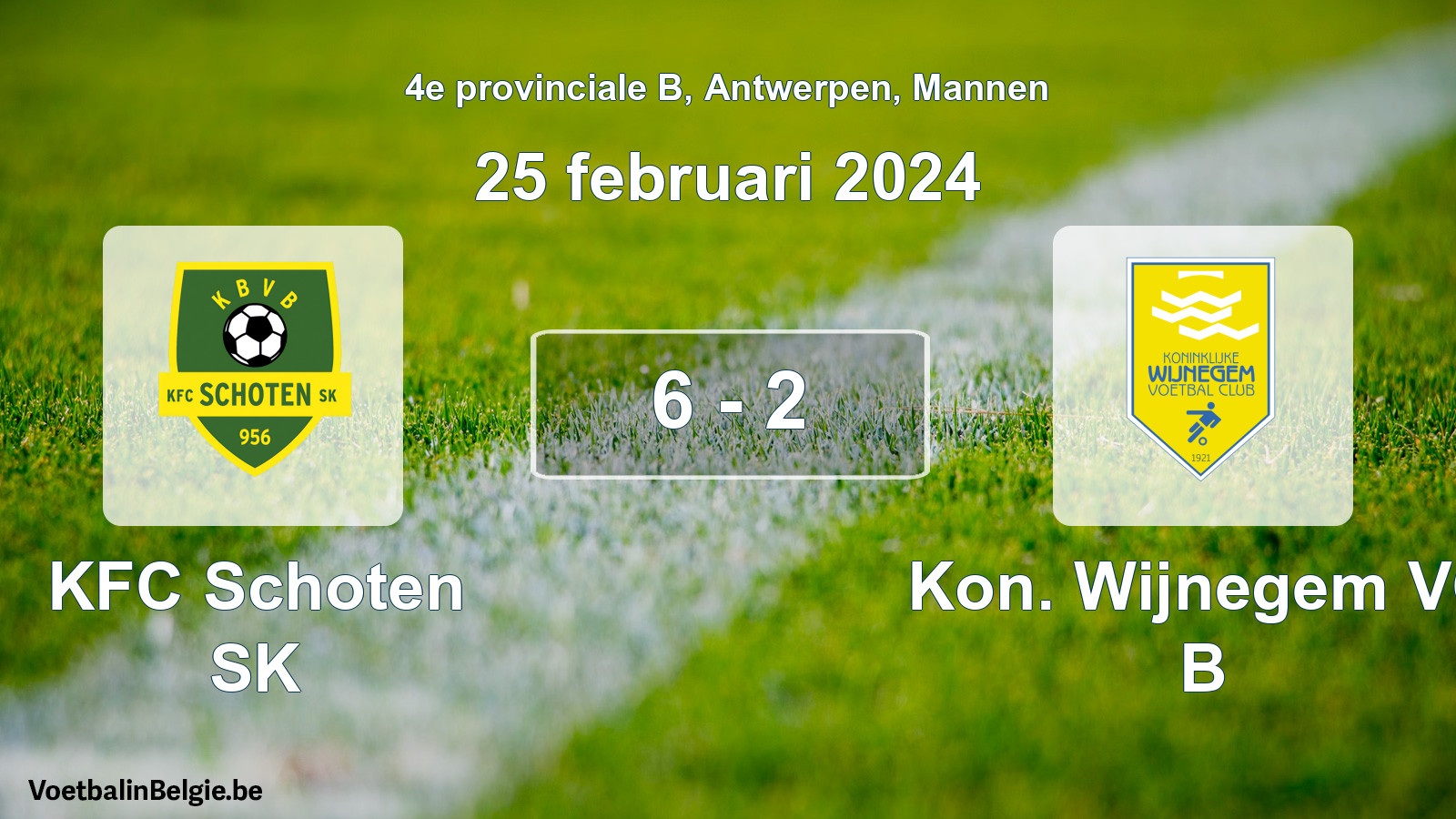 Gespeelde wedstrijd mannenvoetbal: KFC Schoten SK - Kon. Wijnegem VC B 6 - 2 (25 februari 2024)
