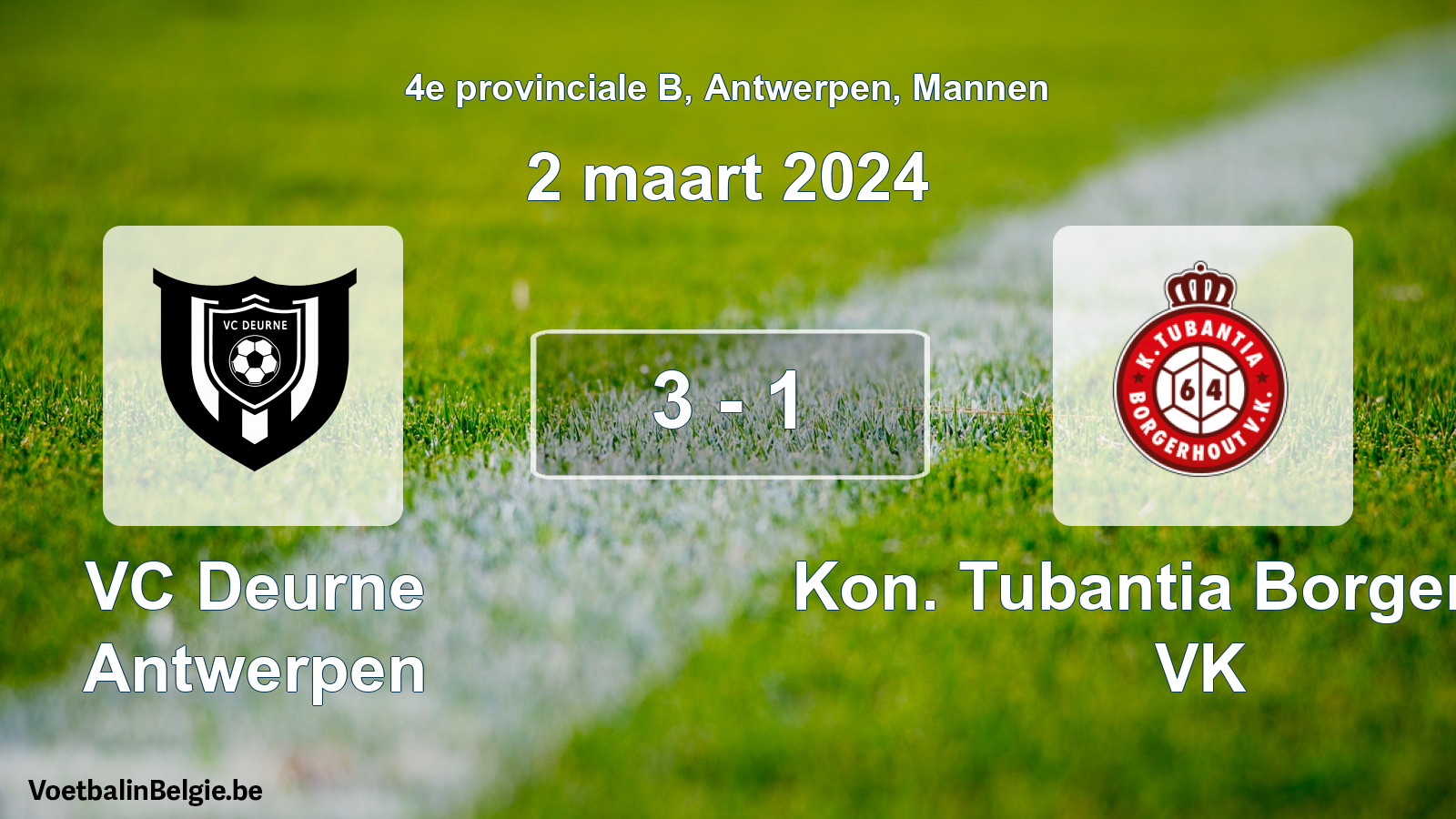 Gespeelde wedstrijd mannenvoetbal: VC Deurne Antwerpen - Kon. Tubantia Borgerhout VK 3 - 1 (2 maart 2024)