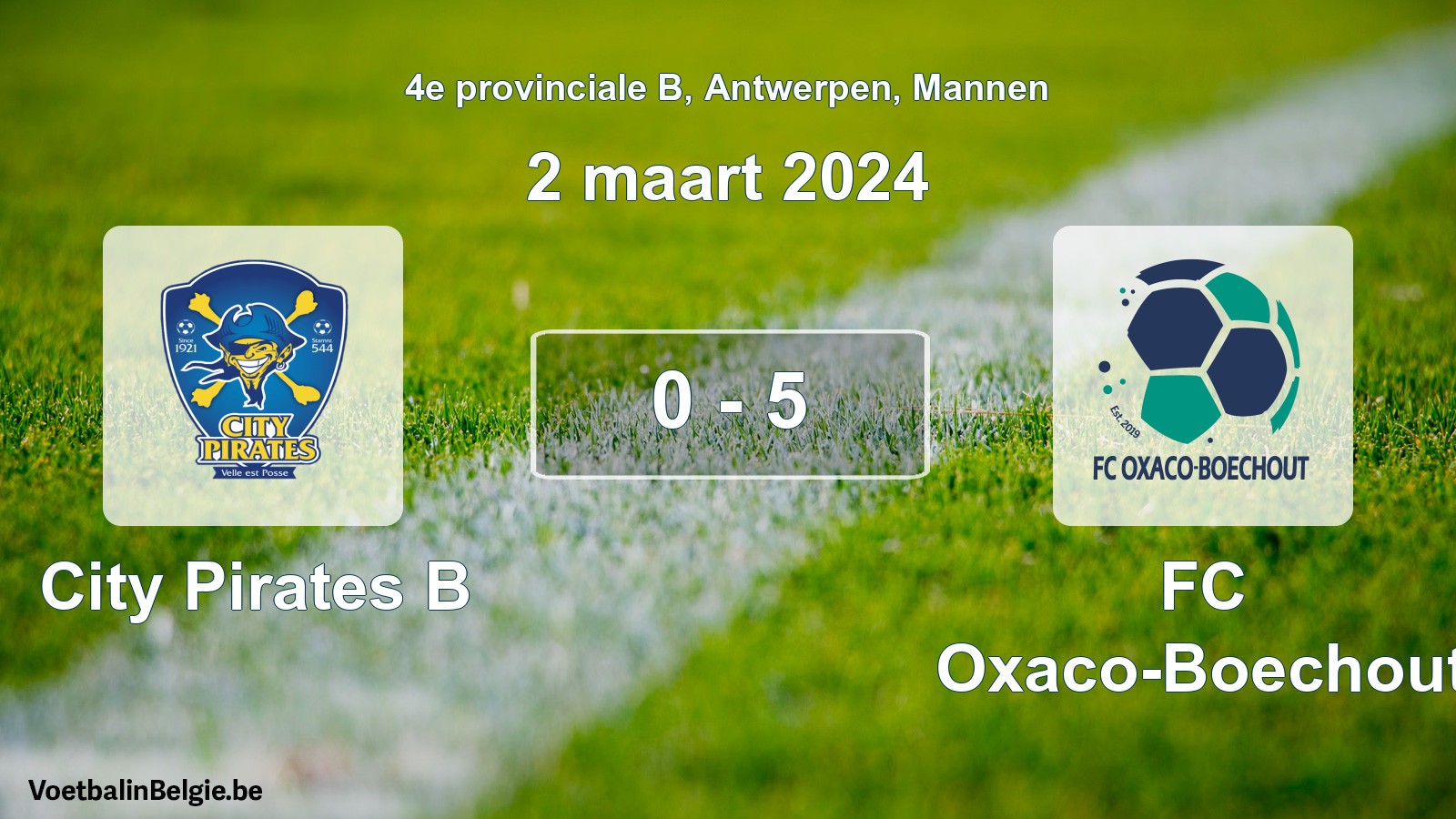 Gespeelde wedstrijd mannenvoetbal: City Pirates B - FC Oxaco-Boechout 0 - 5 (2 maart 2024)