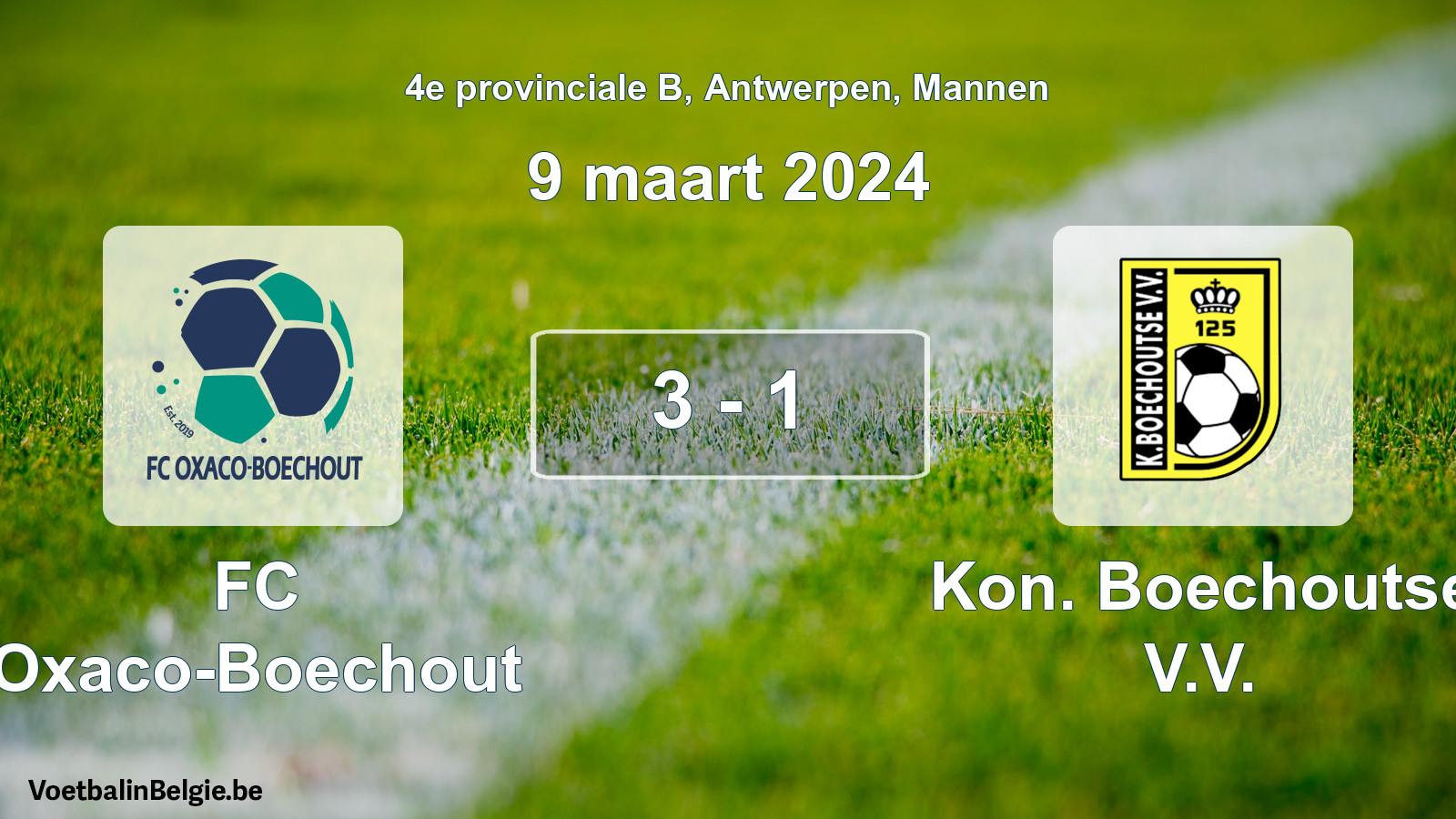 Gespeelde wedstrijd mannenvoetbal: FC Oxaco-Boechout - Kon. Boechoutse V.V. 3 - 1 (9 maart 2024)