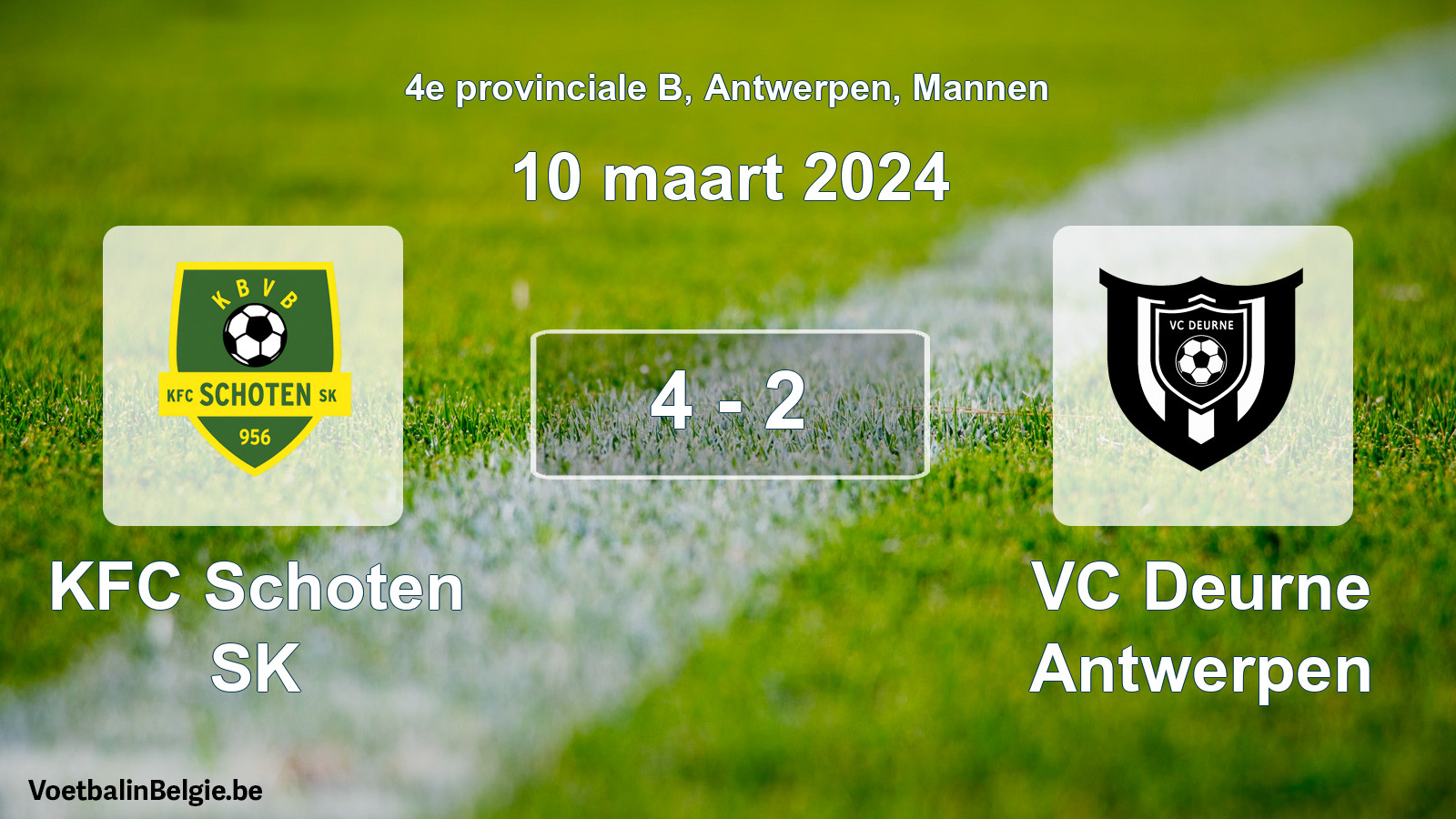 Gespeelde wedstrijd mannenvoetbal: KFC Schoten SK - VC Deurne Antwerpen 4 - 2 (10 maart 2024)