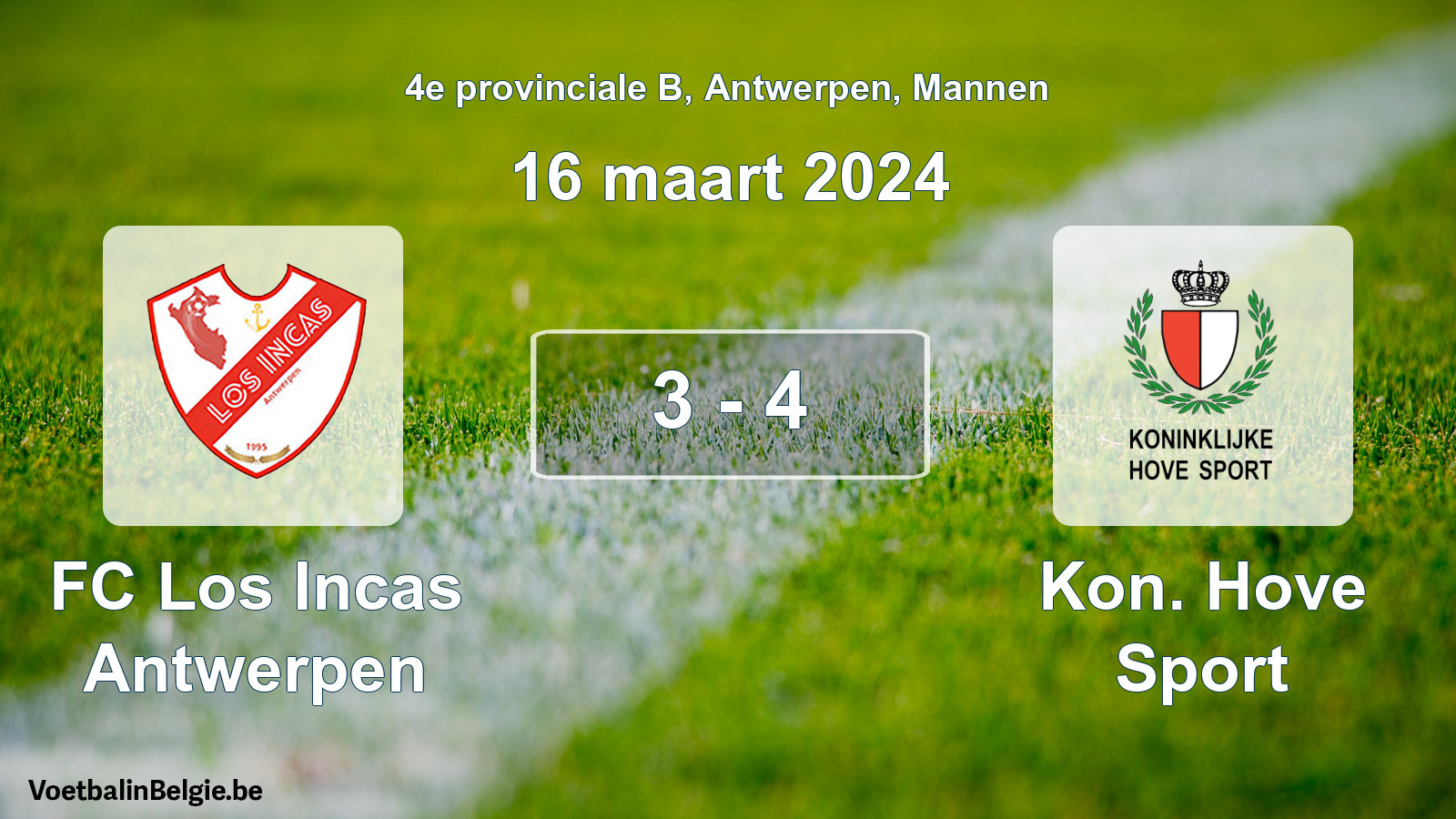 Gespeelde wedstrijd mannenvoetbal: FC Los Incas Antwerpen - Kon. Hove Sport 3 - 4 (16 maart 2024)