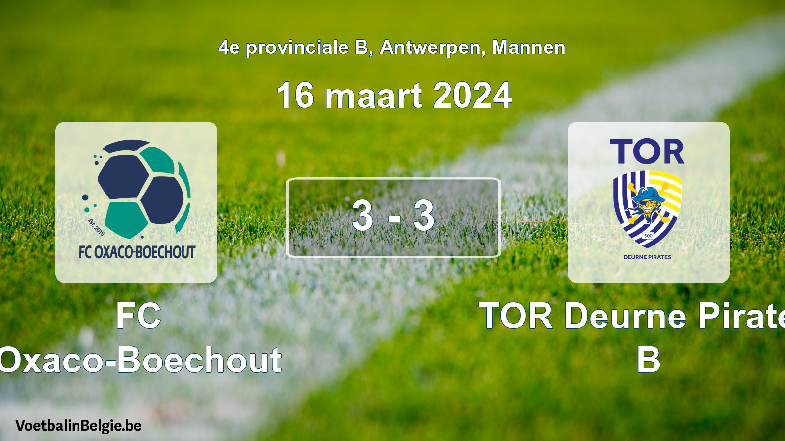 Gespeelde wedstrijd mannenvoetbal: FC Oxaco-Boechout - TOR Deurne Pirates B 3 - 3 (16 maart 2024)
