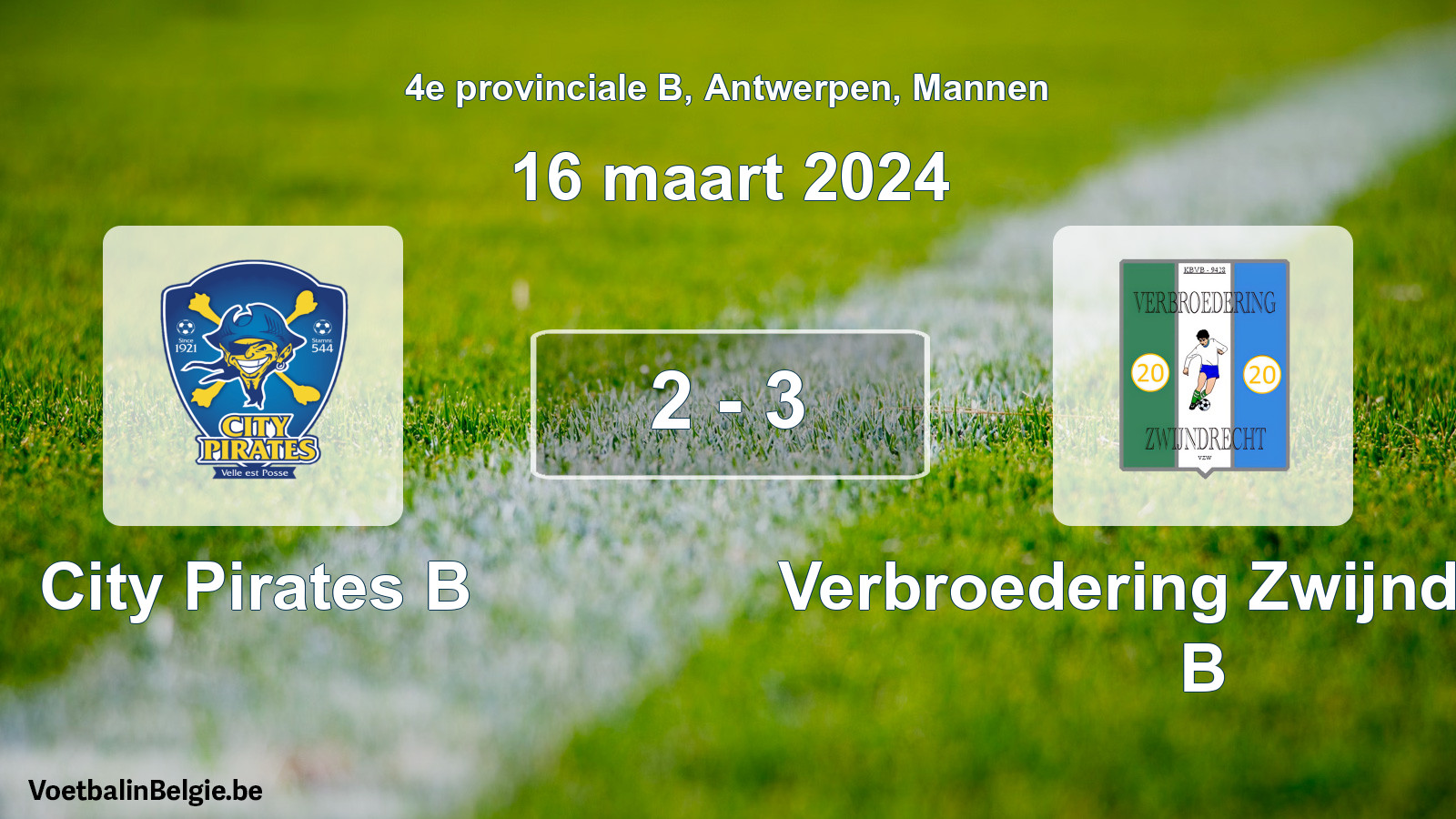Gespeelde wedstrijd mannenvoetbal: City Pirates B - Verbroedering Zwijndrecht B 2 - 3 (16 maart 2024)