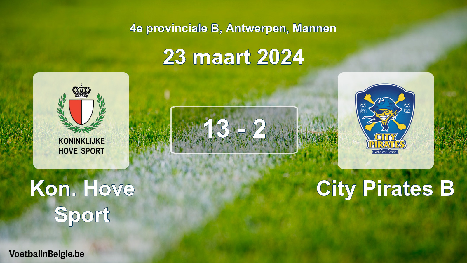 Gespeelde wedstrijd mannenvoetbal: Kon. Hove Sport - City Pirates B 13 - 2 (23 maart 2024)