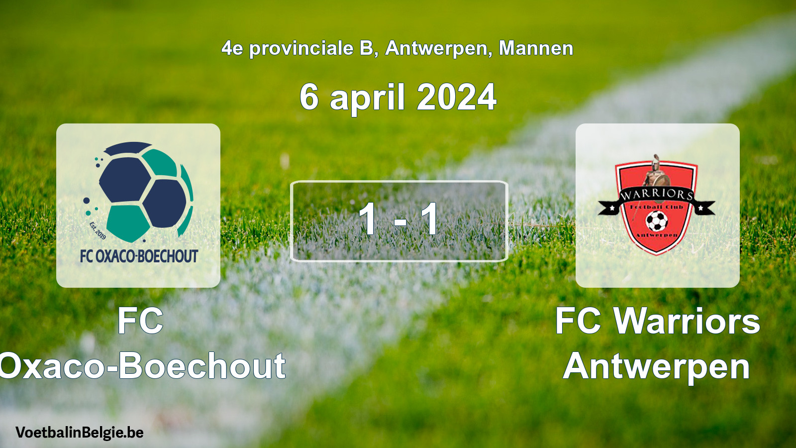 Gespeelde wedstrijd mannenvoetbal: FC Oxaco-Boechout - FC Warriors Antwerpen 1 - 1 (6 april 2024)