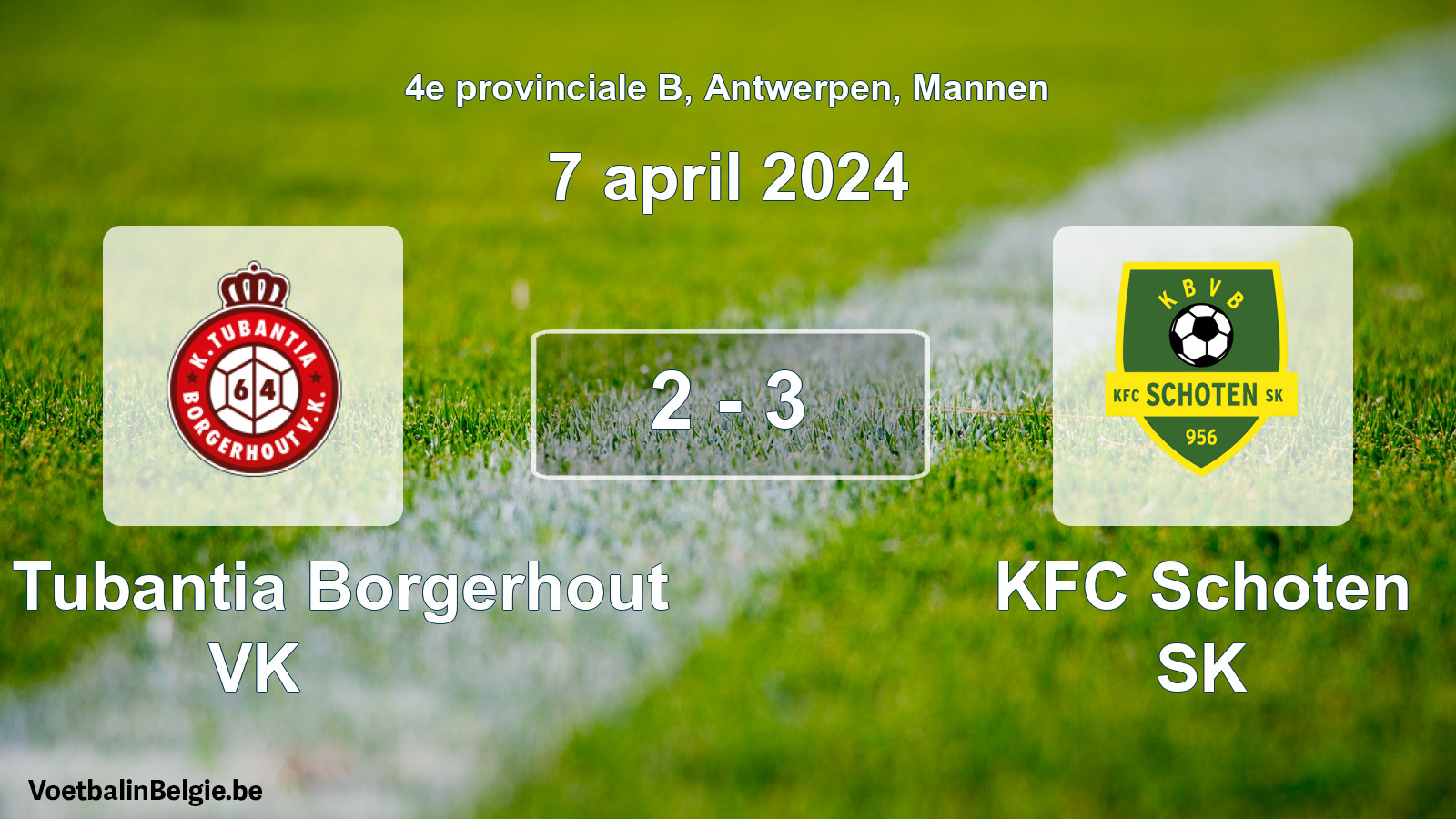 Gespeelde wedstrijd mannenvoetbal: Kon. Tubantia Borgerhout VK - KFC Schoten SK 2 - 3 (7 april 2024)