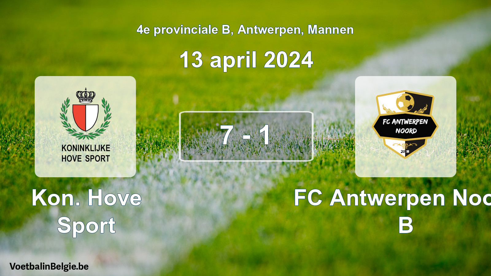 Gespeelde wedstrijd mannenvoetbal: Kon. Hove Sport - FC Antwerpen Noord B 7 - 1 (13 april 2024)