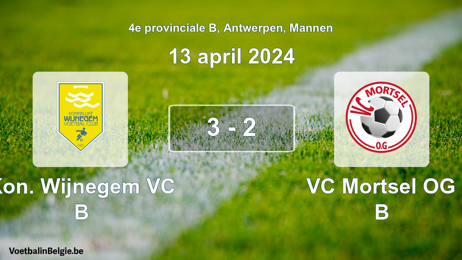 Gespeelde wedstrijd mannenvoetbal: Kon. Wijnegem VC B - VC Mortsel OG B 3 - 2 (13 april 2024)