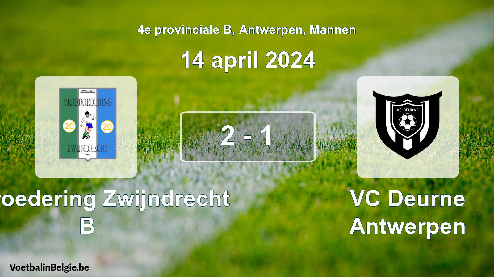 Gespeelde wedstrijd mannenvoetbal: Verbroedering Zwijndrecht B - VC Deurne Antwerpen 2 - 1 (14 april 2024)