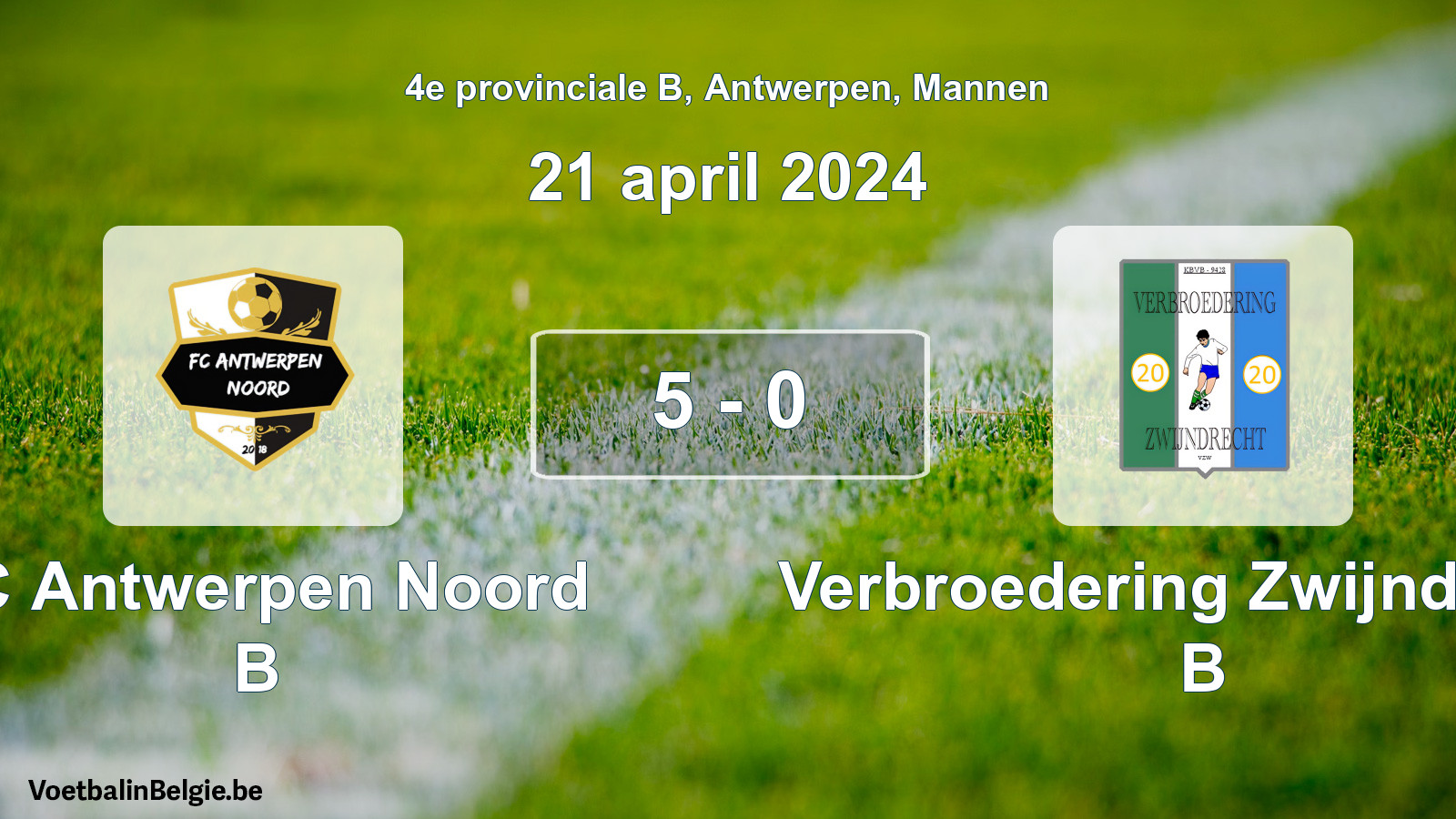 Gespeelde wedstrijd mannenvoetbal: FC Antwerpen Noord B - Verbroedering Zwijndrecht B 5 - 0 (21 april 2024)