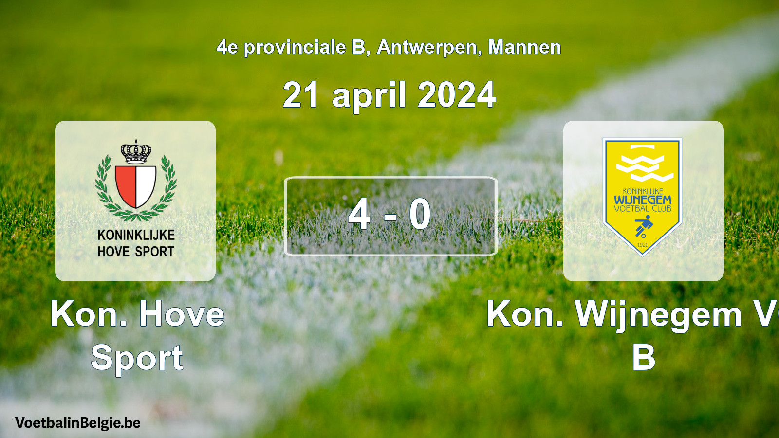 Gespeelde wedstrijd mannenvoetbal: Kon. Hove Sport - Kon. Wijnegem VC B 4 - 0 (21 april 2024)