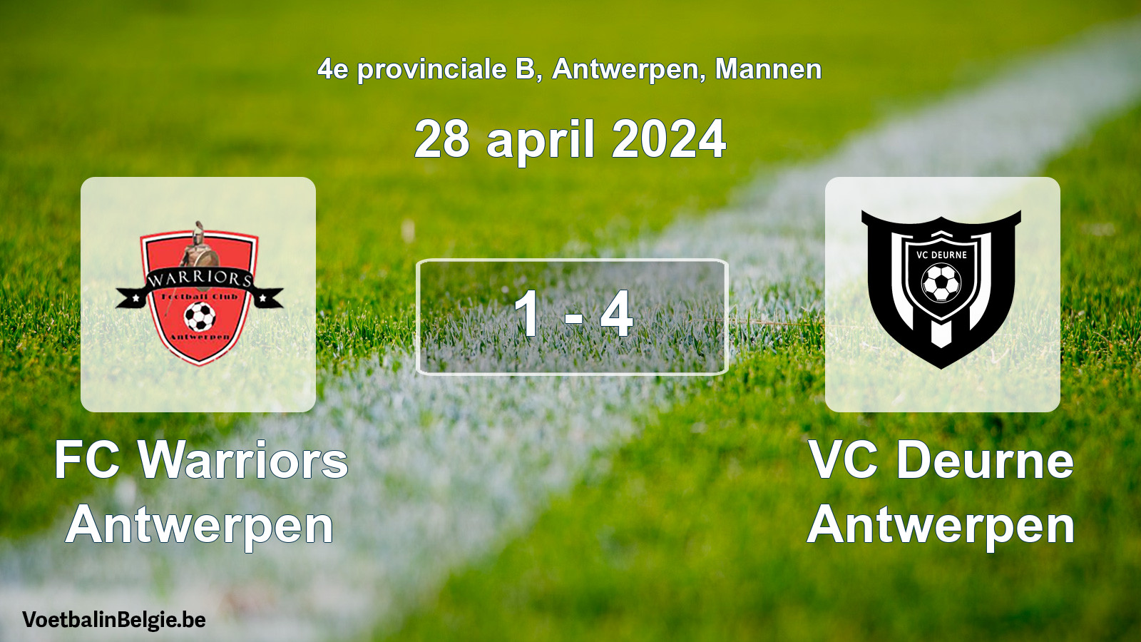 Gespeelde wedstrijd mannenvoetbal: FC Warriors Antwerpen - VC Deurne Antwerpen 1 - 4 (28 april 2024)
