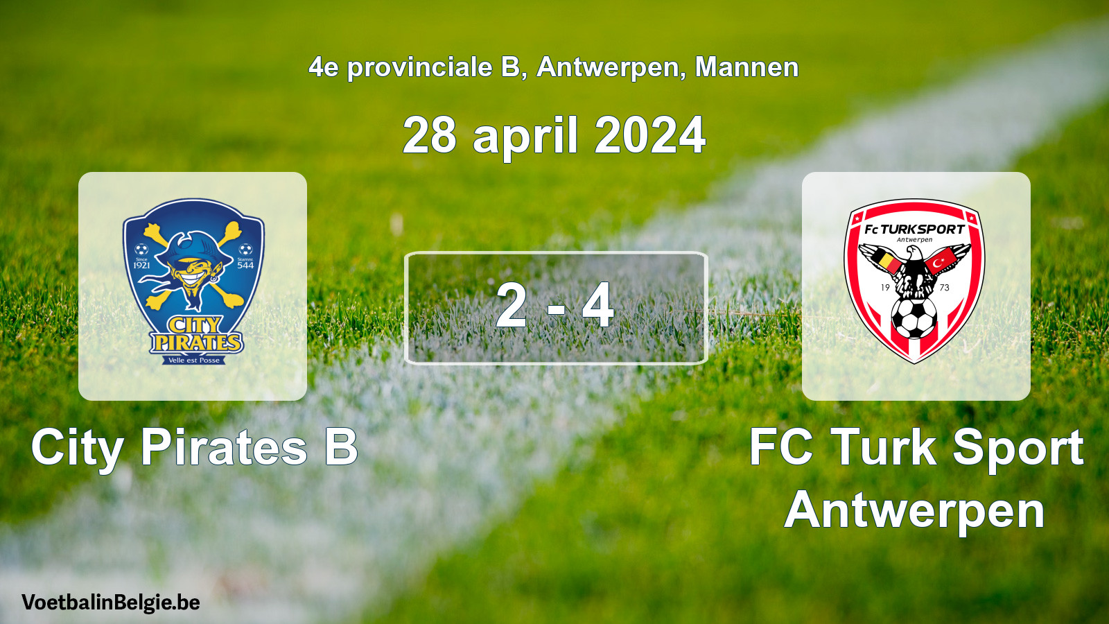 Gespeelde wedstrijd mannenvoetbal: City Pirates B - FC Turk Sport Antwerpen 2 - 4 (28 april 2024)