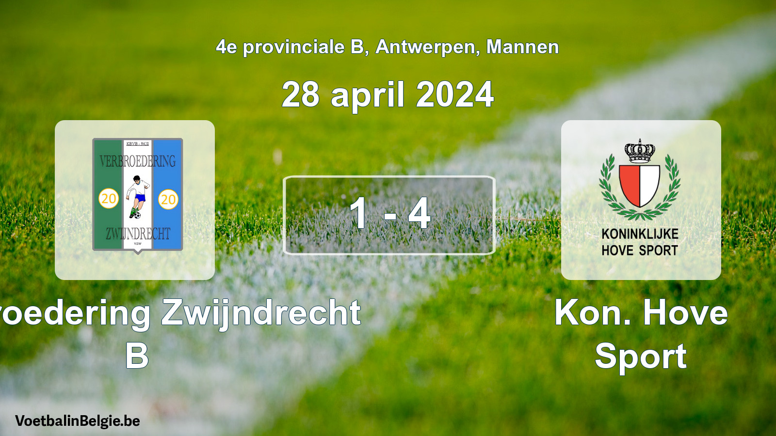 Gespeelde wedstrijd mannenvoetbal: Verbroedering Zwijndrecht B - Kon. Hove Sport 1 - 4 (28 april 2024)