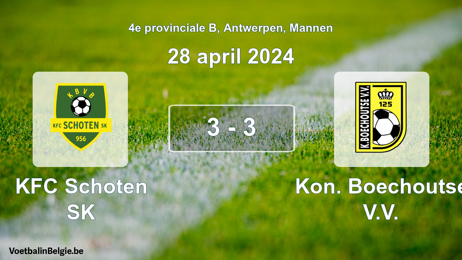 Gespeelde wedstrijd mannenvoetbal: KFC Schoten SK - Kon. Boechoutse V.V. 3 - 3 (28 april 2024)