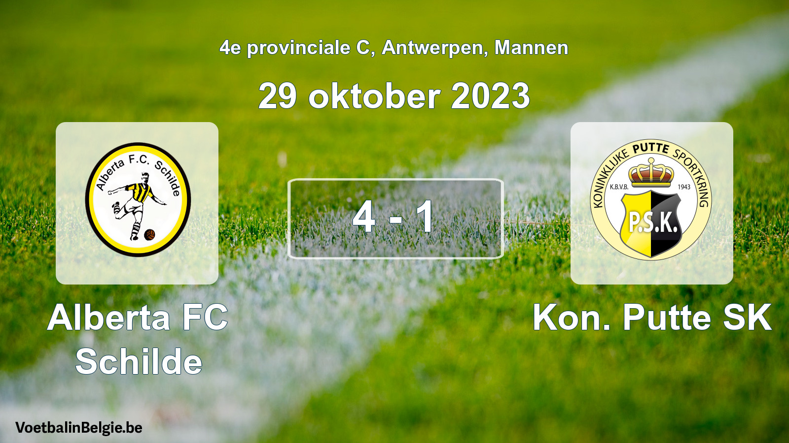 Gespeelde wedstrijd mannenvoetbal: Alberta FC Schilde - Kon. Putte SK 4 - 1 (29 oktober 2023)