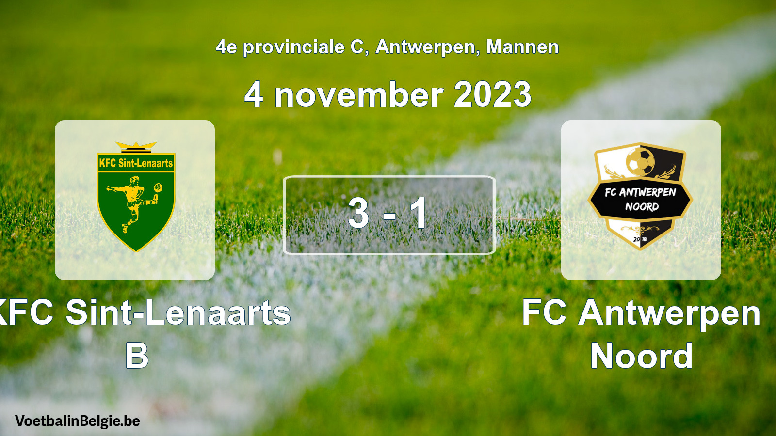 Gespeelde wedstrijd mannenvoetbal: KFC Sint-Lenaarts B - FC Antwerpen Noord 3 - 1 (4 november 2023)