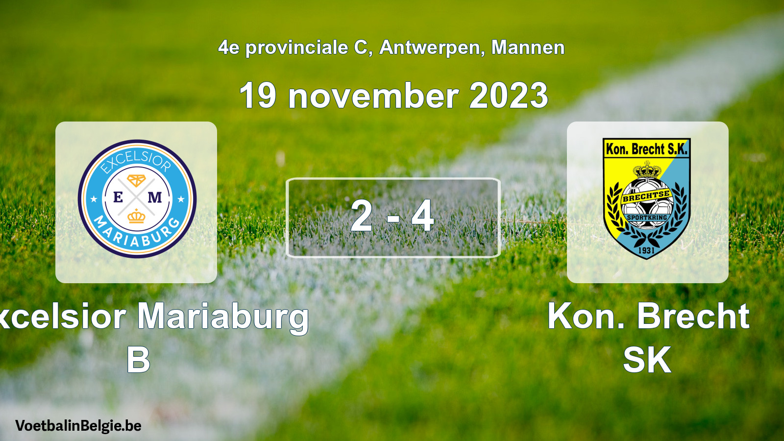 Gespeelde wedstrijd mannenvoetbal: Excelsior Mariaburg B - Kon. Brecht SK 2 - 4 (19 november 2023)