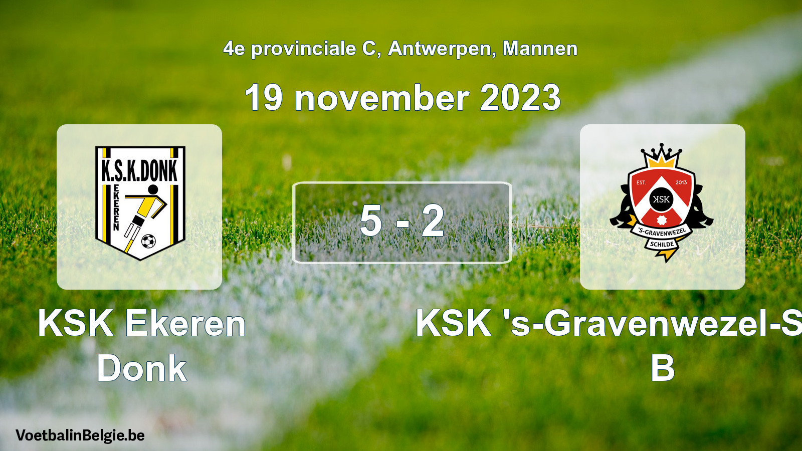 Gespeelde wedstrijd mannenvoetbal: KSK Ekeren Donk - KSK 's-Gravenwezel-Schilde B 5 - 2 (19 november 2023)