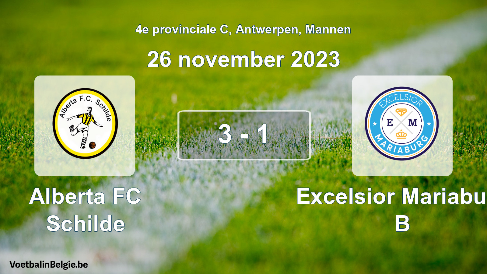 Gespeelde wedstrijd mannenvoetbal: Alberta FC Schilde - Excelsior Mariaburg B 3 - 1 (26 november 2023)