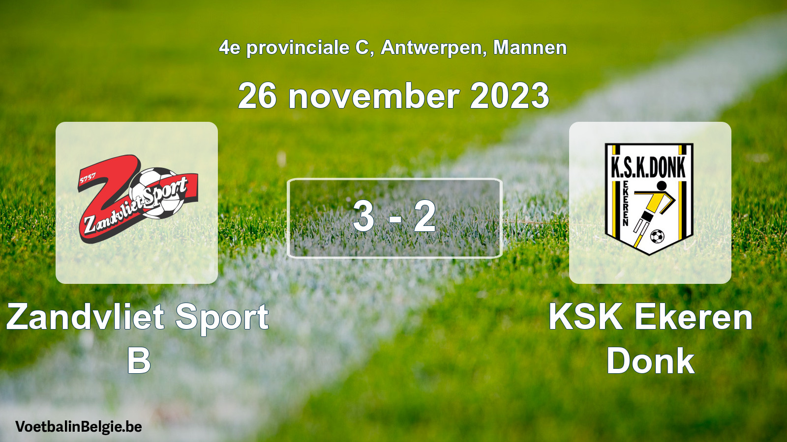Gespeelde wedstrijd mannenvoetbal: Zandvliet Sport B - KSK Ekeren Donk 3 - 2 (26 november 2023)