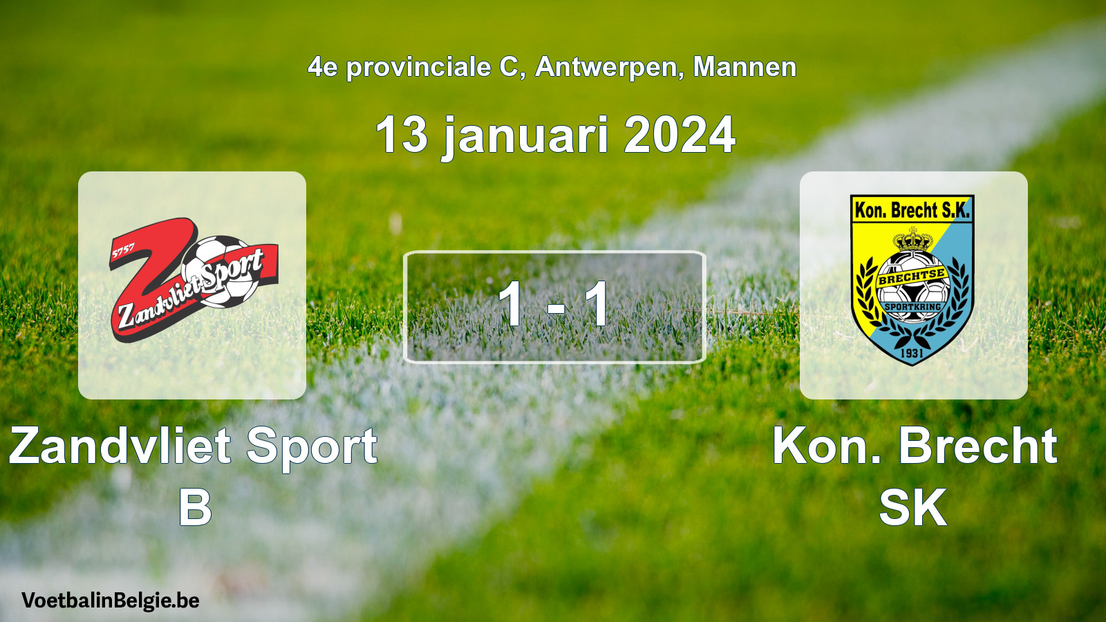 Gespeelde wedstrijd mannenvoetbal: Zandvliet Sport B - Kon. Brecht SK 1 - 1 (13 januari 2024)