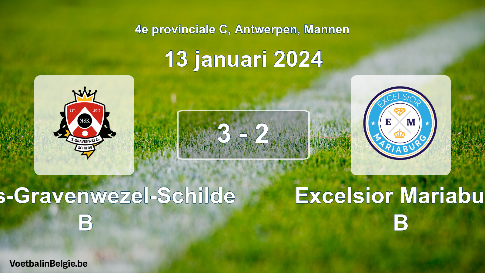 Gespeelde wedstrijd mannenvoetbal: KSK 's-Gravenwezel-Schilde B - Excelsior Mariaburg B 3 - 2 (13 januari 2024)