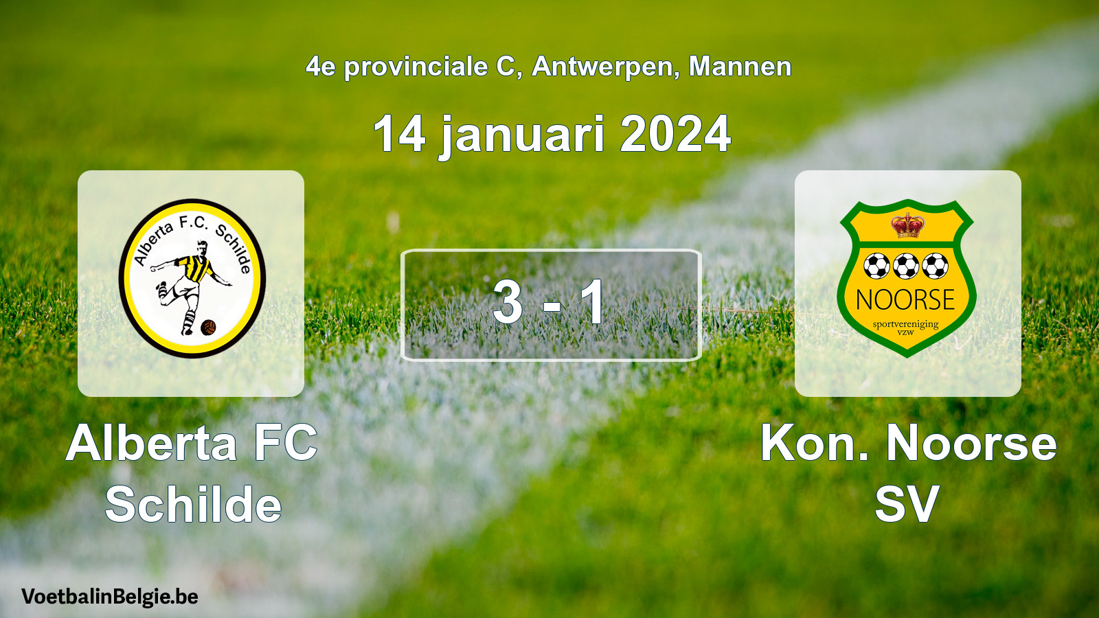 Gespeelde wedstrijd mannenvoetbal: Alberta FC Schilde - Kon. Noorse SV 3 - 1 (14 januari 2024)