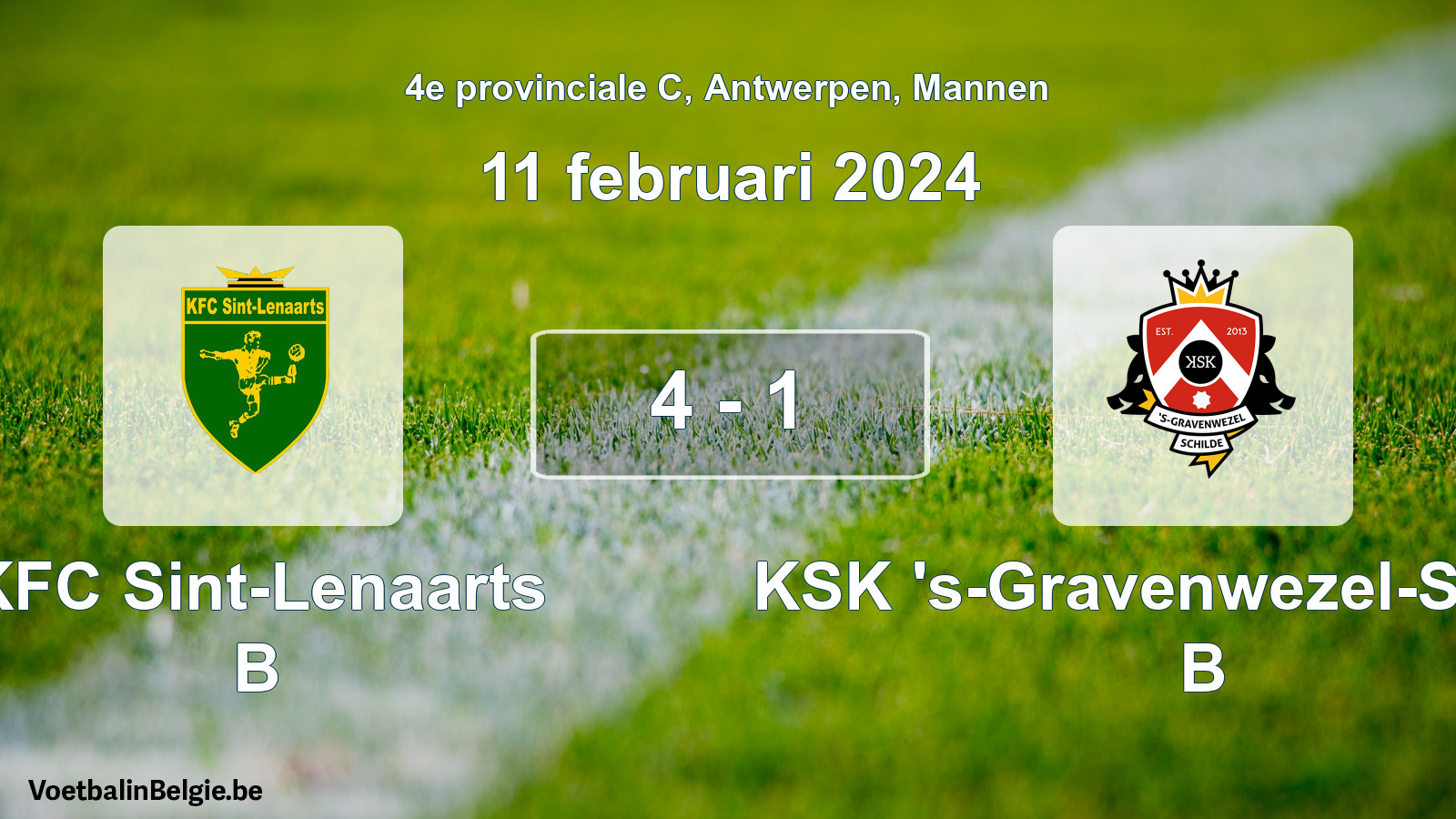 Gespeelde wedstrijd mannenvoetbal: KFC Sint-Lenaarts B - KSK 's-Gravenwezel-Schilde B 4 - 1 (11 februari 2024)