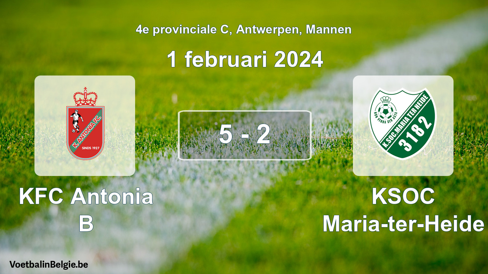 Gespeelde wedstrijd mannenvoetbal: KFC Antonia B - KSOC Maria-ter-Heide 5 - 2 (1 februari 2024)