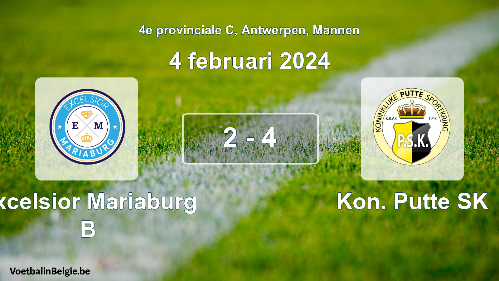 Gespeelde wedstrijd mannenvoetbal: Excelsior Mariaburg B - Kon. Putte SK 2 - 4 (4 februari 2024)