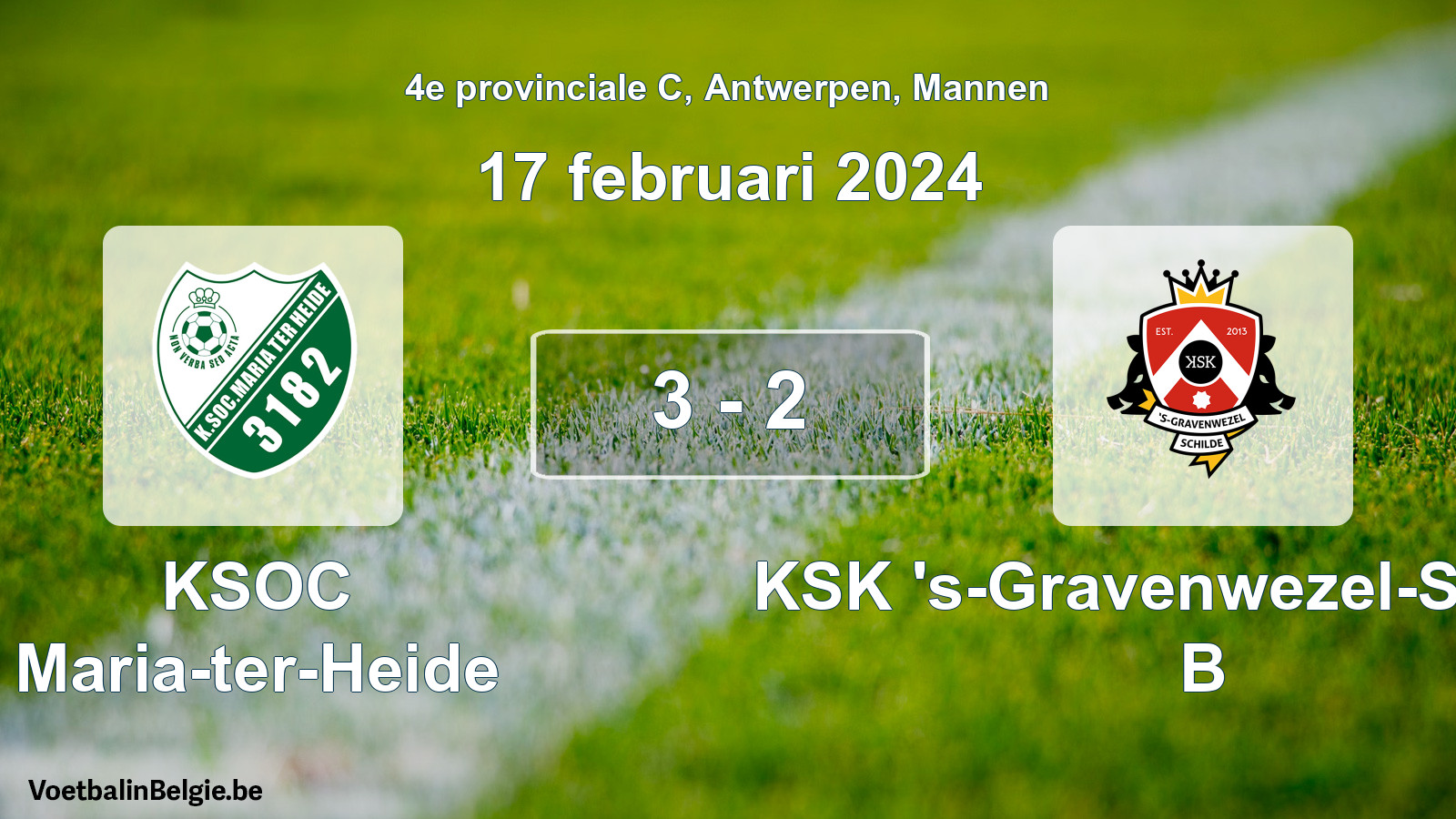 Gespeelde wedstrijd mannenvoetbal: KSOC Maria-ter-Heide - KSK 's-Gravenwezel-Schilde B 3 - 2 (17 februari 2024)