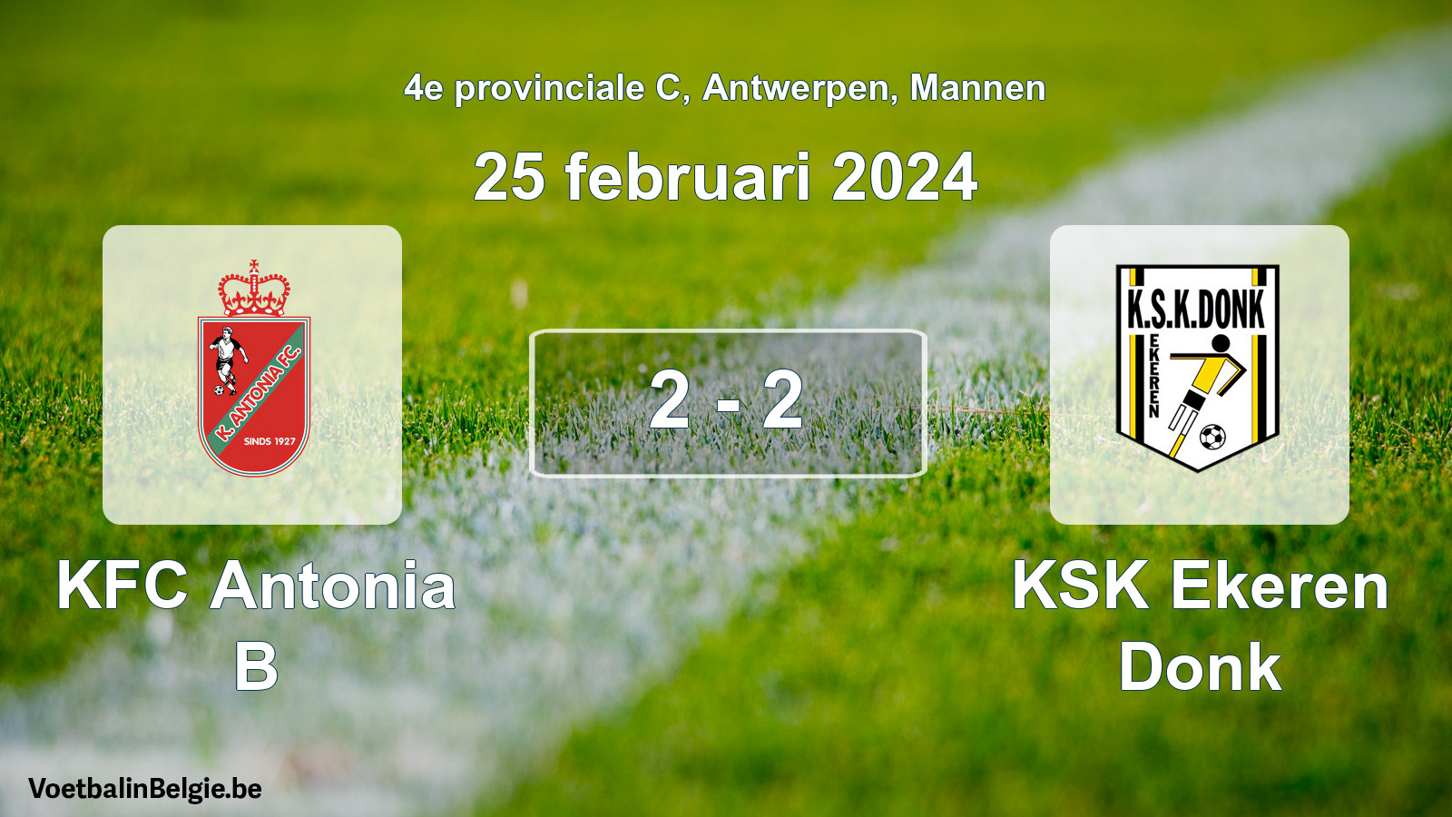 Gespeelde wedstrijd mannenvoetbal: KFC Antonia B - KSK Ekeren Donk 2 - 2 (25 februari 2024)