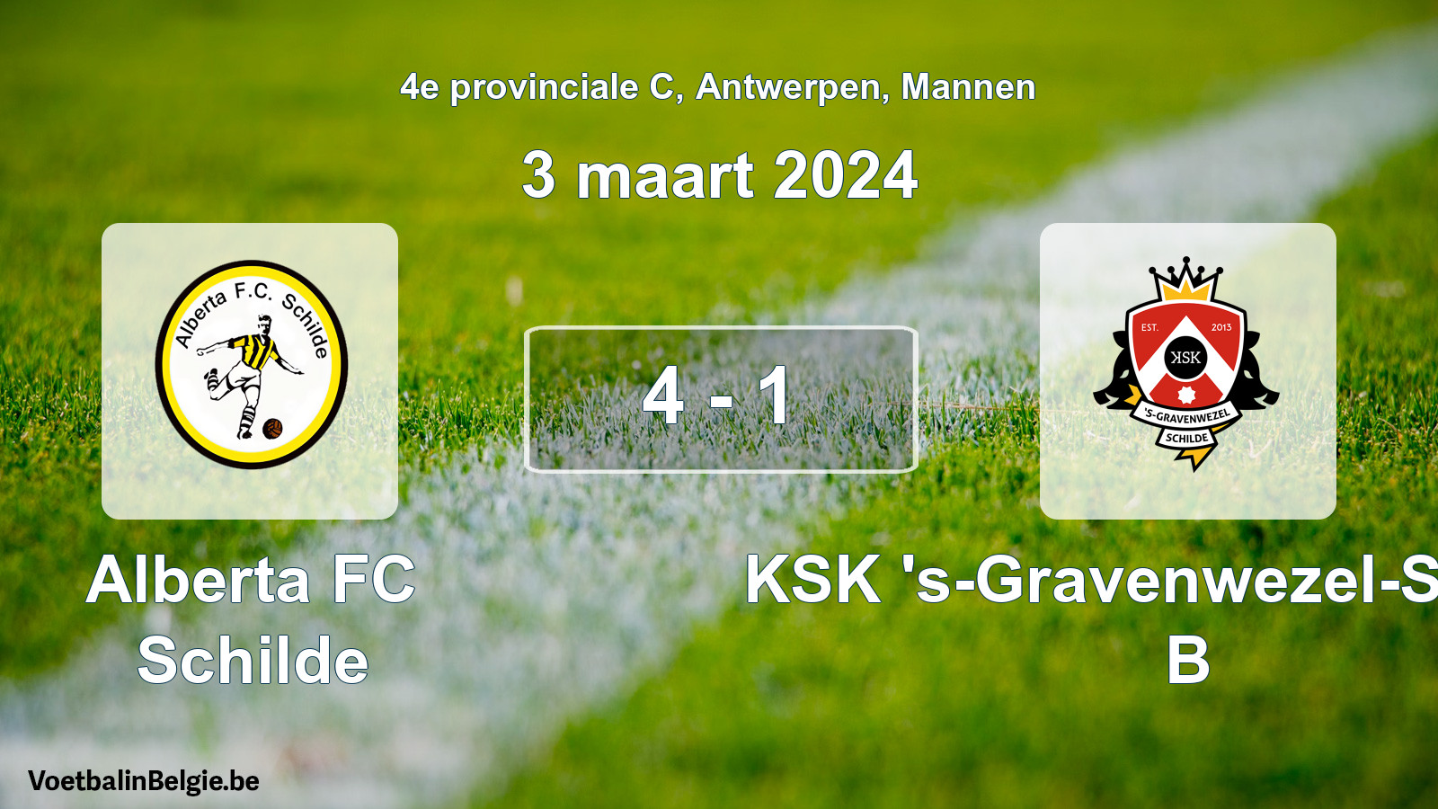 Gespeelde wedstrijd mannenvoetbal: Alberta FC Schilde - KSK 's-Gravenwezel-Schilde B 4 - 1 (3 maart 2024)