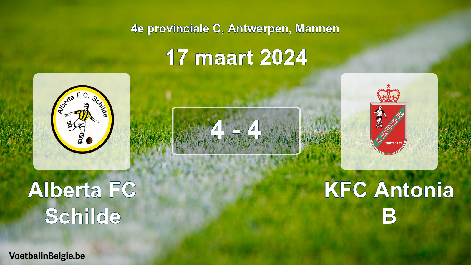 Gespeelde wedstrijd mannenvoetbal: Alberta FC Schilde - KFC Antonia B 4 - 4 (17 maart 2024)