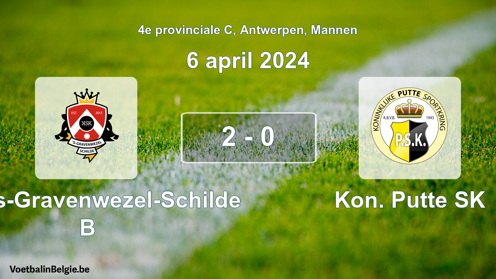 Gespeelde wedstrijd mannenvoetbal: KSK 's-Gravenwezel-Schilde B - Kon. Putte SK 2 - 0 (6 april 2024)