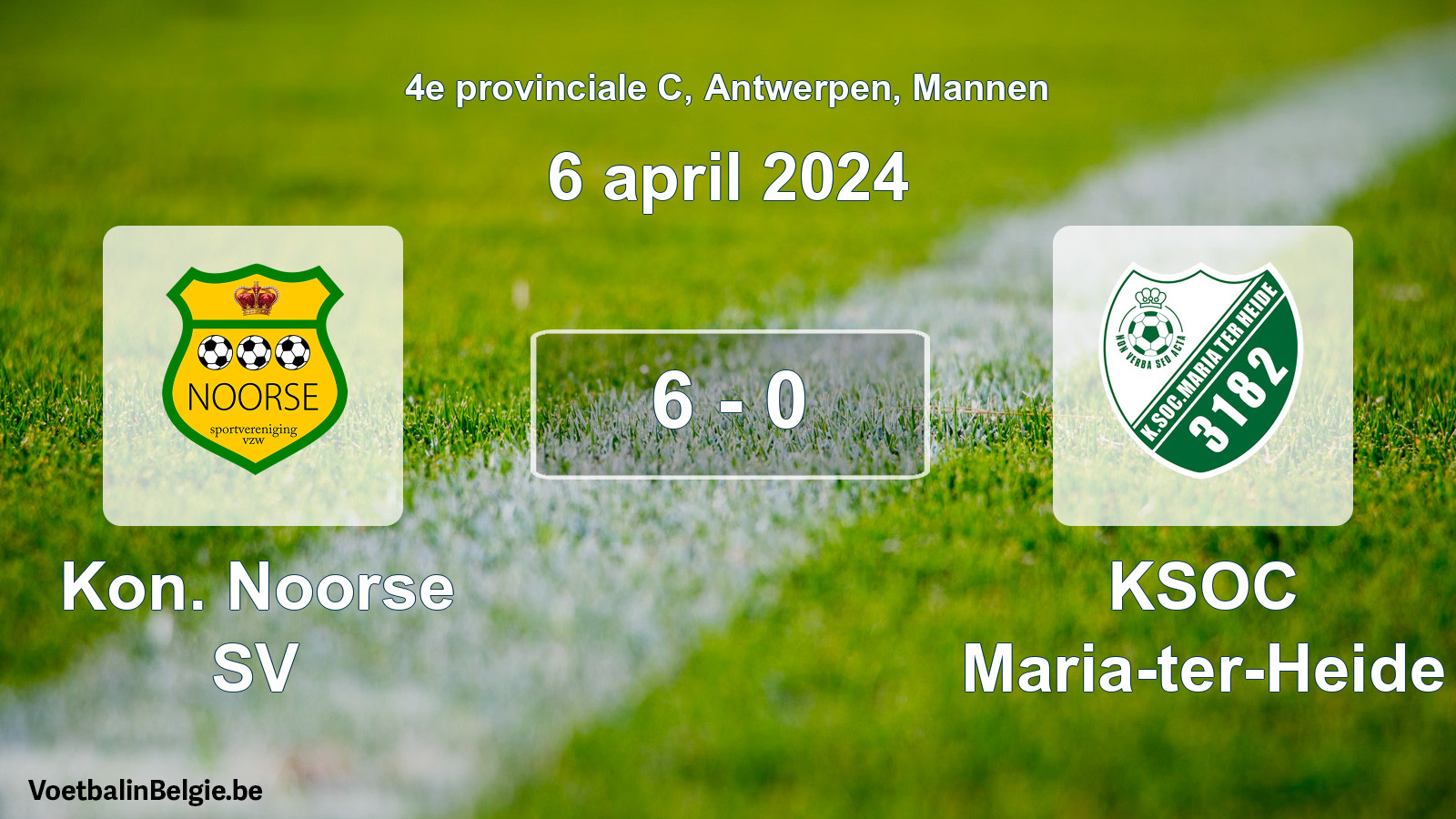 Gespeelde wedstrijd mannenvoetbal: Kon. Noorse SV - KSOC Maria-ter-Heide 6 - 0 (6 april 2024)