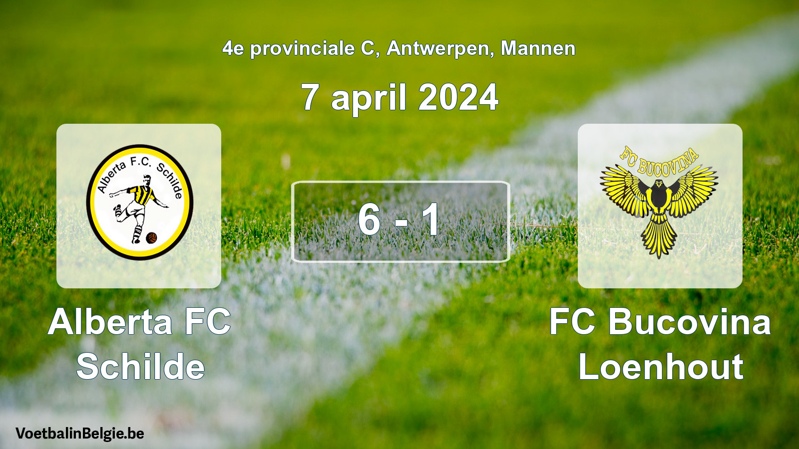 Gespeelde wedstrijd mannenvoetbal: Alberta FC Schilde - FC Bucovina Loenhout 6 - 1 (7 april 2024)