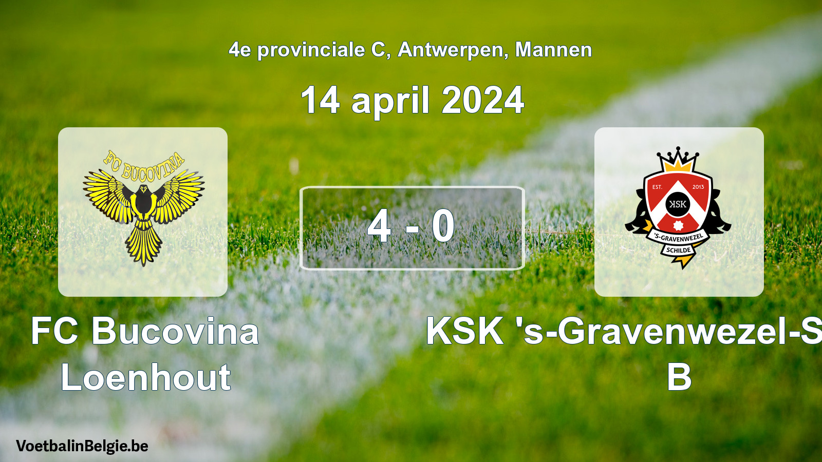 Gespeelde wedstrijd mannenvoetbal: FC Bucovina Loenhout - KSK 's-Gravenwezel-Schilde B 4 - 0 (14 april 2024)