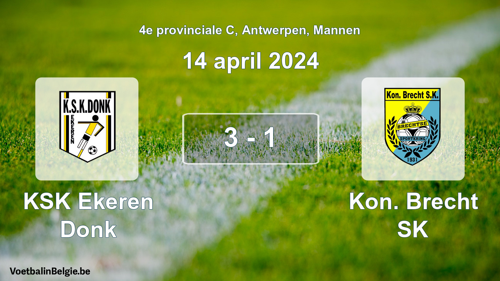 Gespeelde wedstrijd mannenvoetbal: KSK Ekeren Donk - Kon. Brecht SK 3 - 1 (14 april 2024)