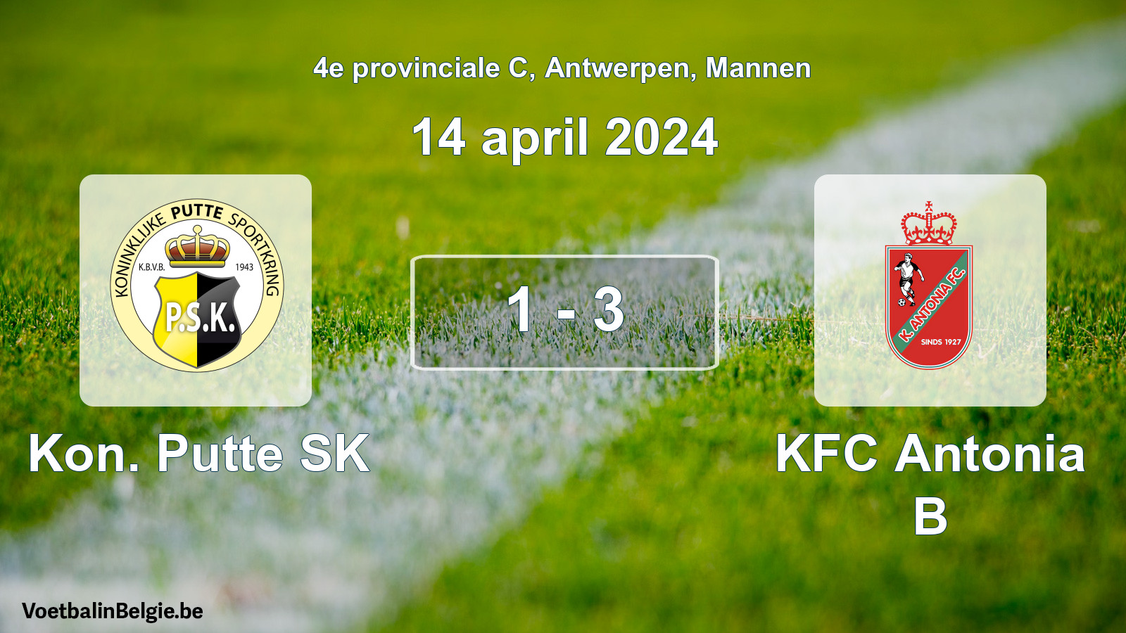 Gespeelde wedstrijd mannenvoetbal: Kon. Putte SK - KFC Antonia B 1 - 3 (14 april 2024)